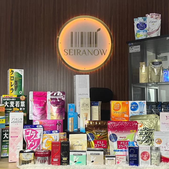 A wide selection of authentic Japanese beauty and wellness products with the SeiraNow brand sign.